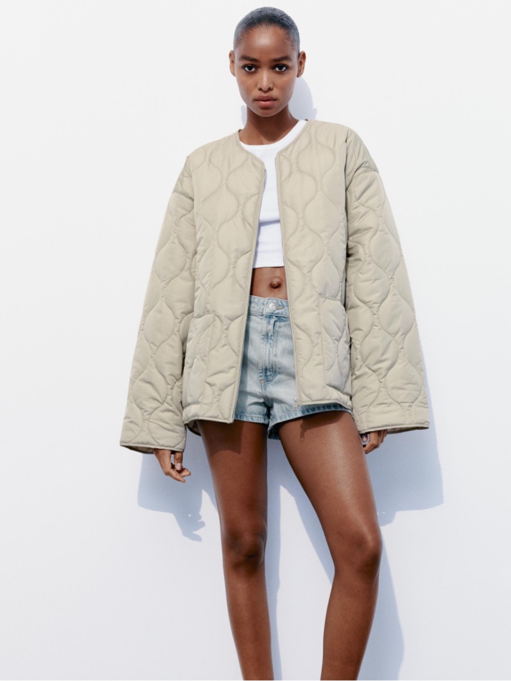 Zara Oversized Quilted Jacket in Light Beige